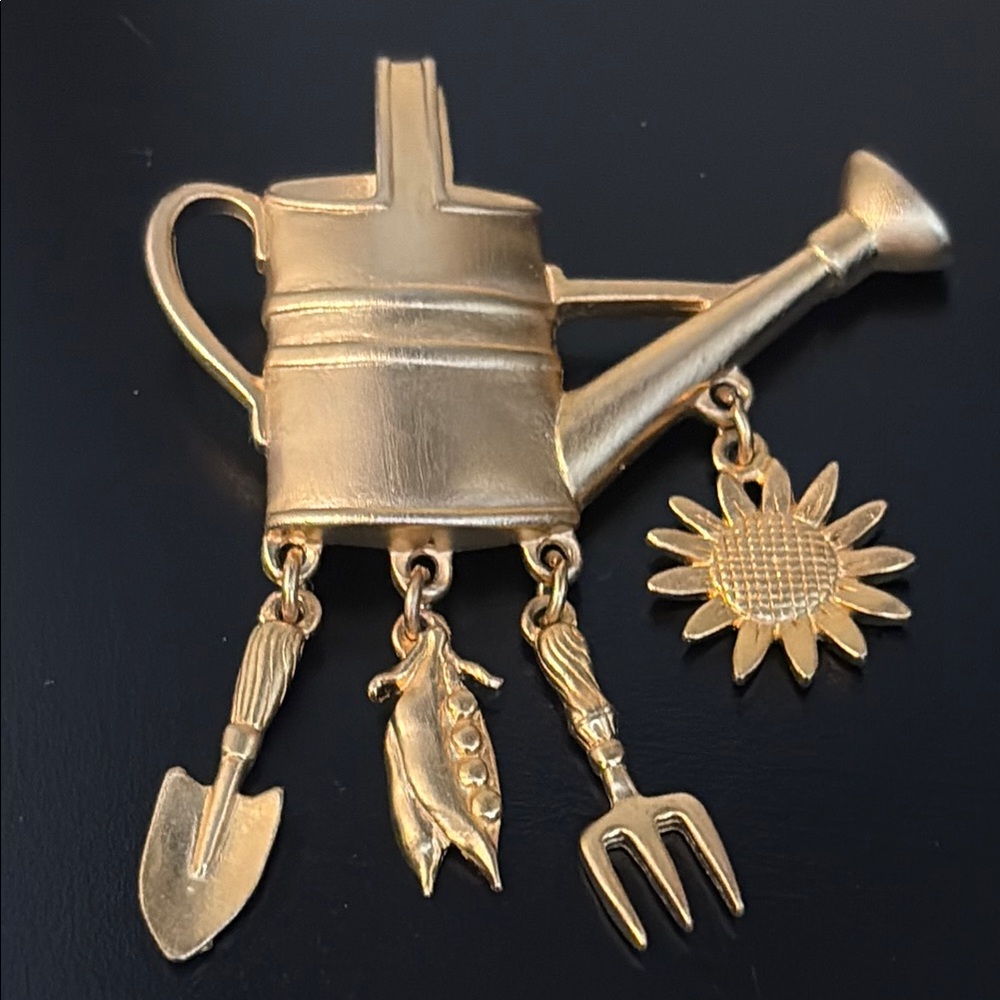 J J watering can articulated brooch in gold tone